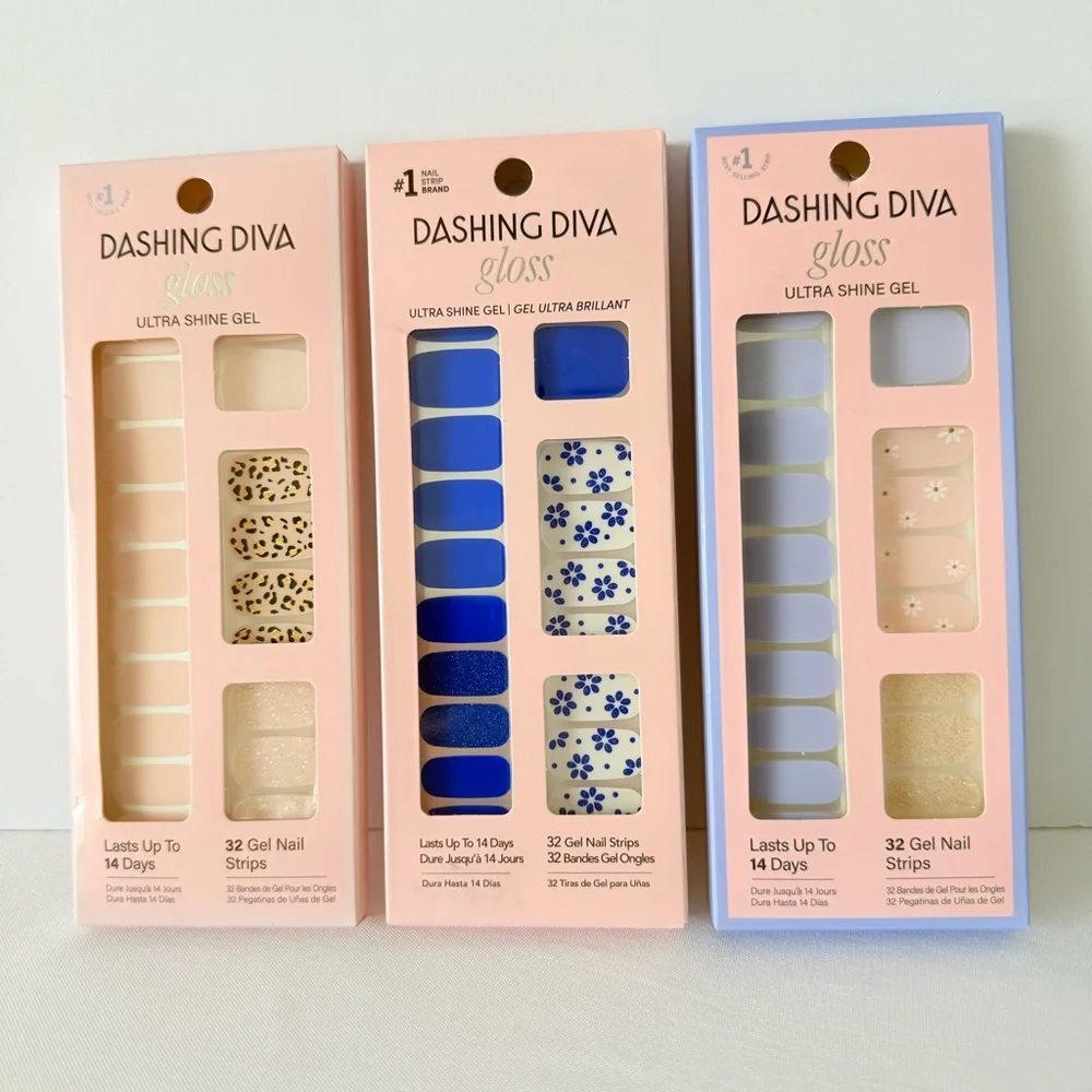 Dashing Diva Lot of 3 Gloss Ultra Shine Gel Nail Strips 32 Count Each New Colors